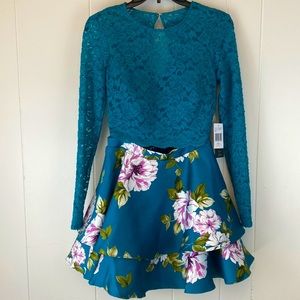 Dillard’s juniors prom formal wear City Vibe turquoise Teal floral lace 2 piece